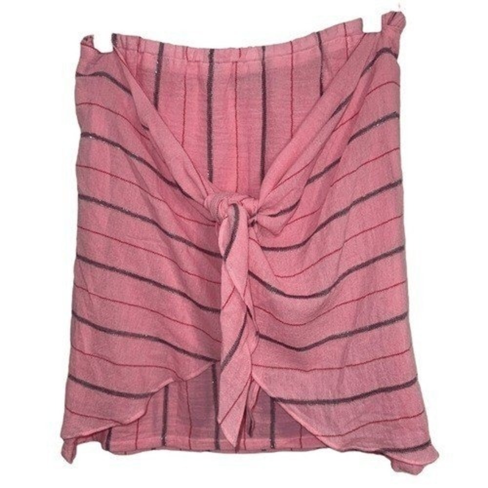 ANTHROPOLOGIE HOLDING HORSES Pink Striped Sarong Tie Front Mini Skirt EUC Medium - Picture 2 of 5